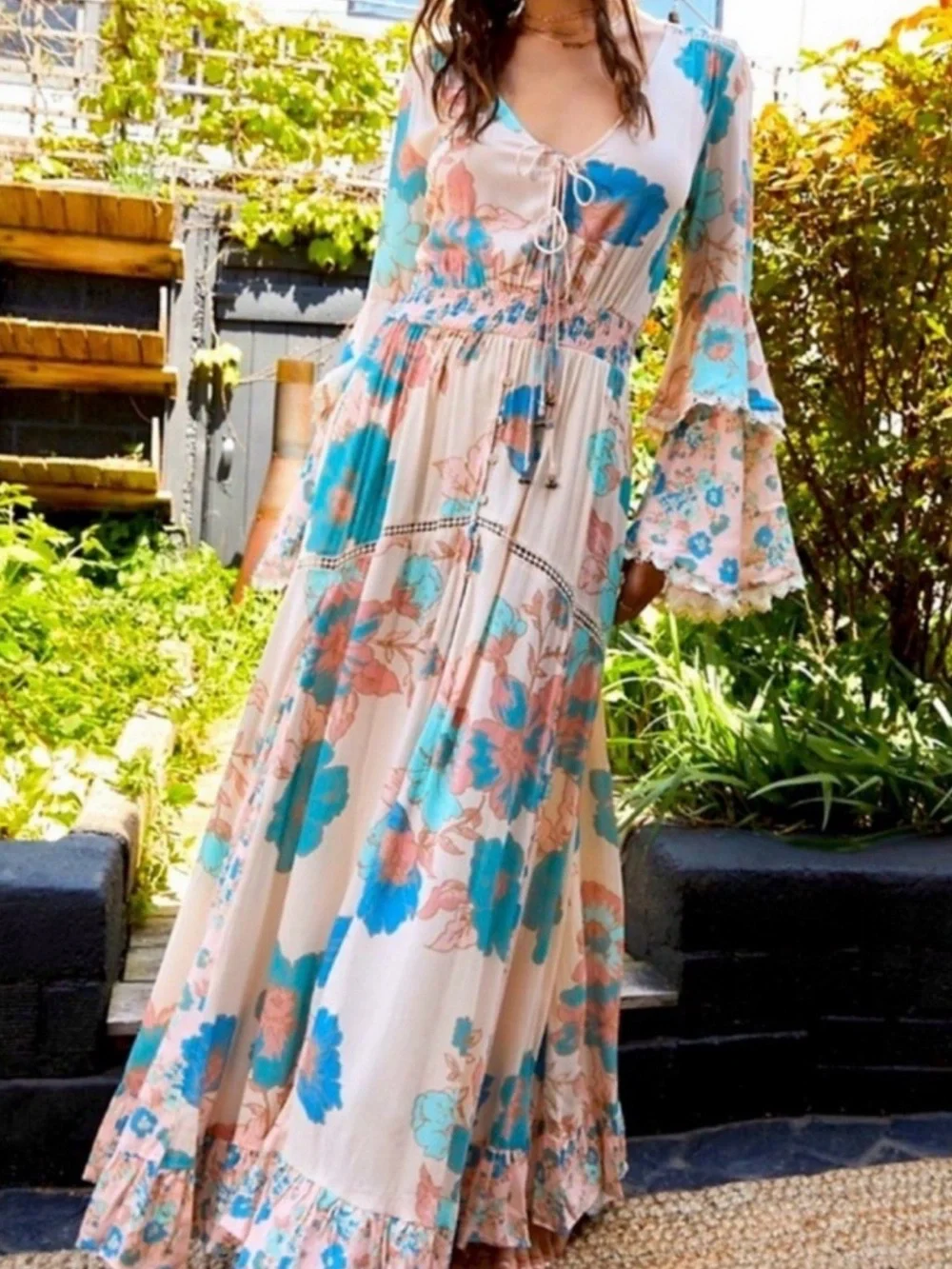 Free People‎ Intimately Penny Printed Bodysuit Bell Sleeve Boho Dress Small NWT